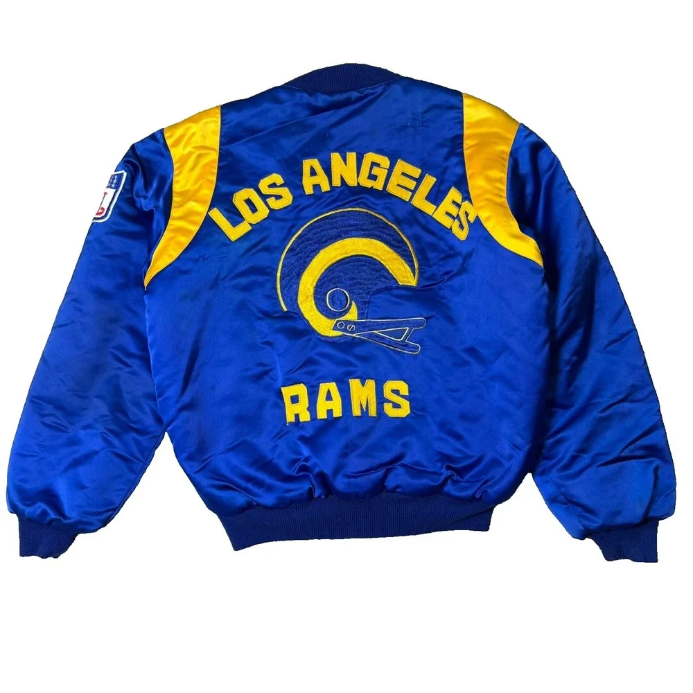 Vintage 80s 90s LA Rams Snap Bomber Jacket Blue Gold NFL Satin Fits Small-Medium